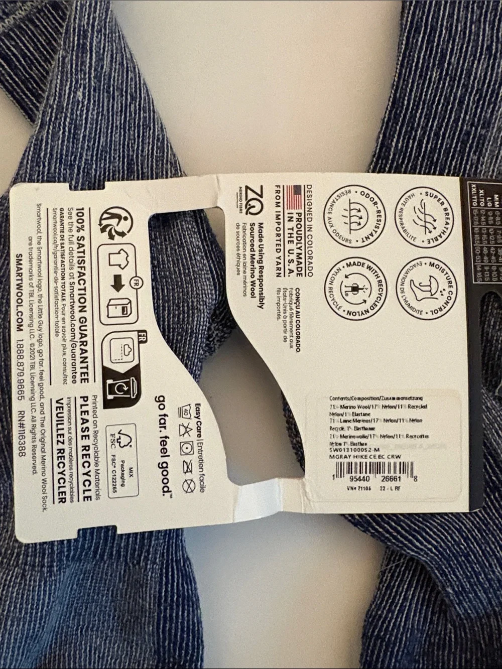 Smartwool Unisex Hike Crew Height Sock Extra Cushion Gray/Blue Size Medium New